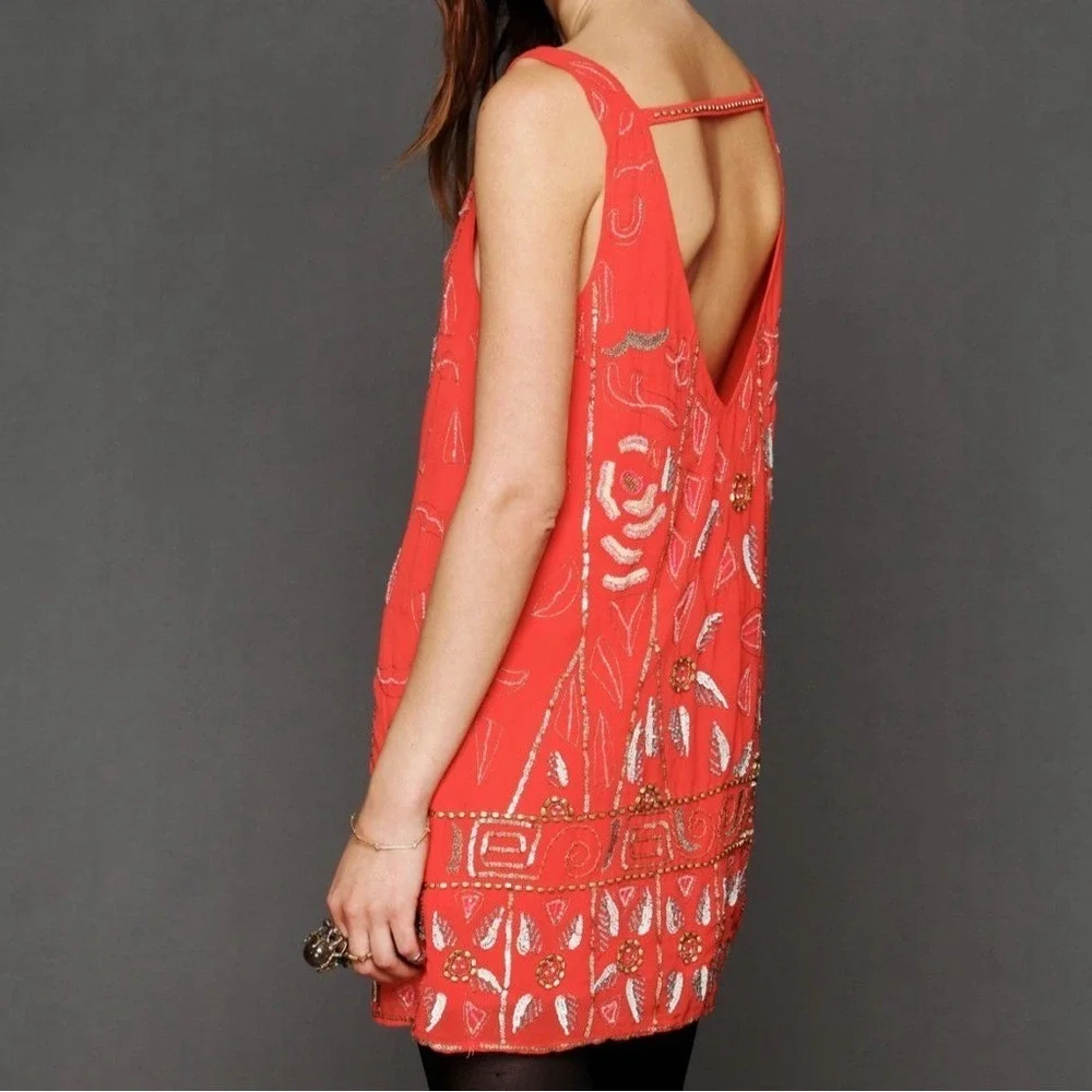 Free People Mini Dress Women XS Red Beaded Sequin‎ Boho Shift OB334008